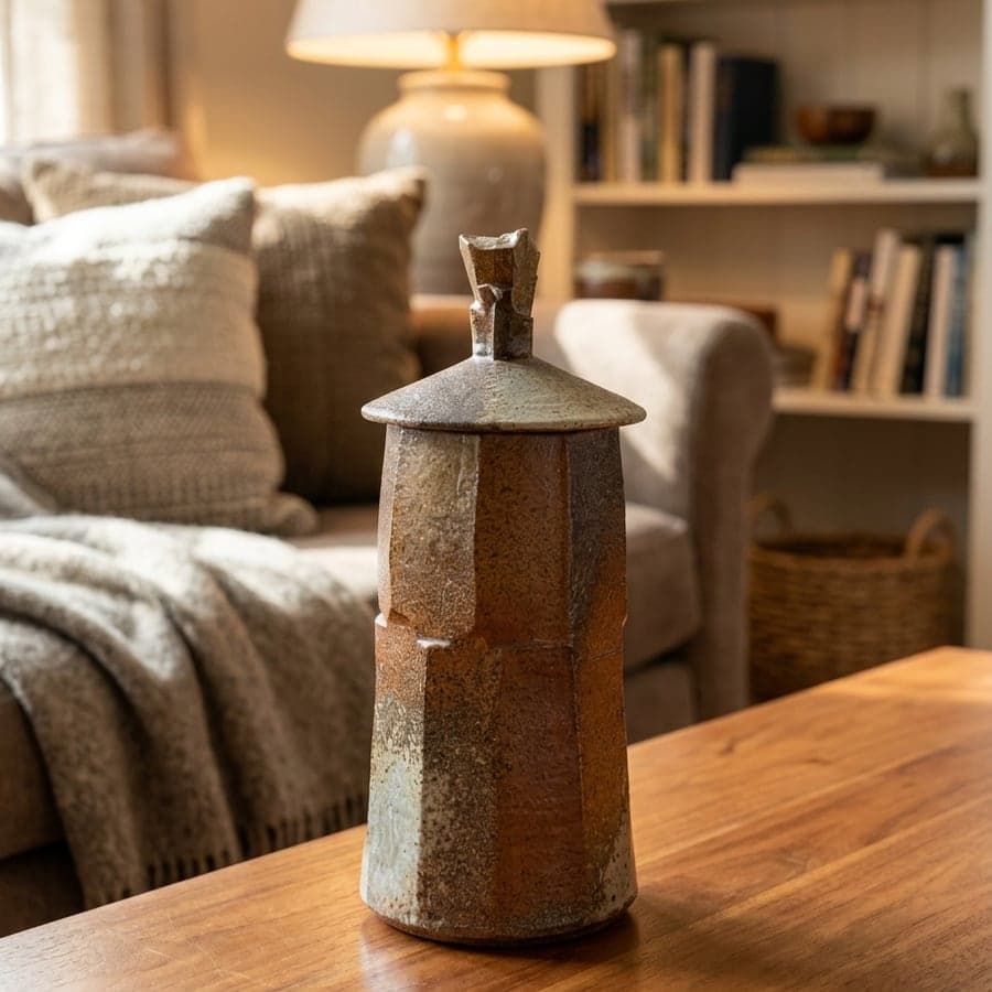 The same ceramic jar on a shelf in a warm, lived-in room