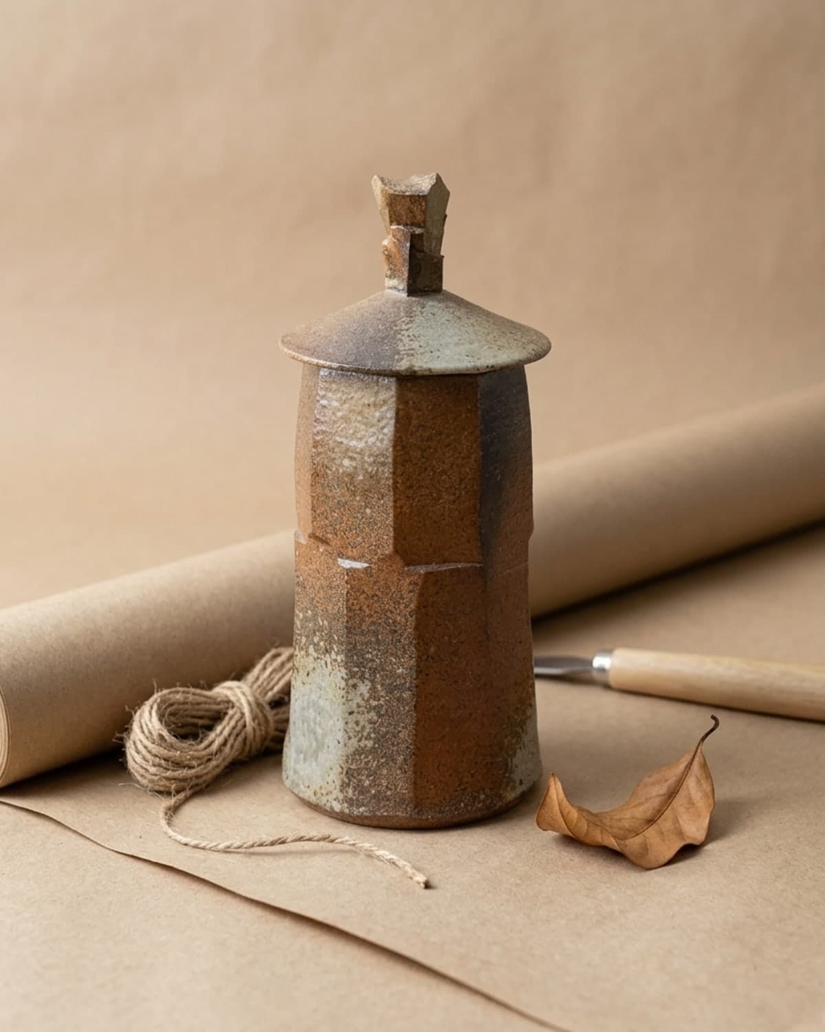 The same jar staged on kraft paper with twine and a dried leaf