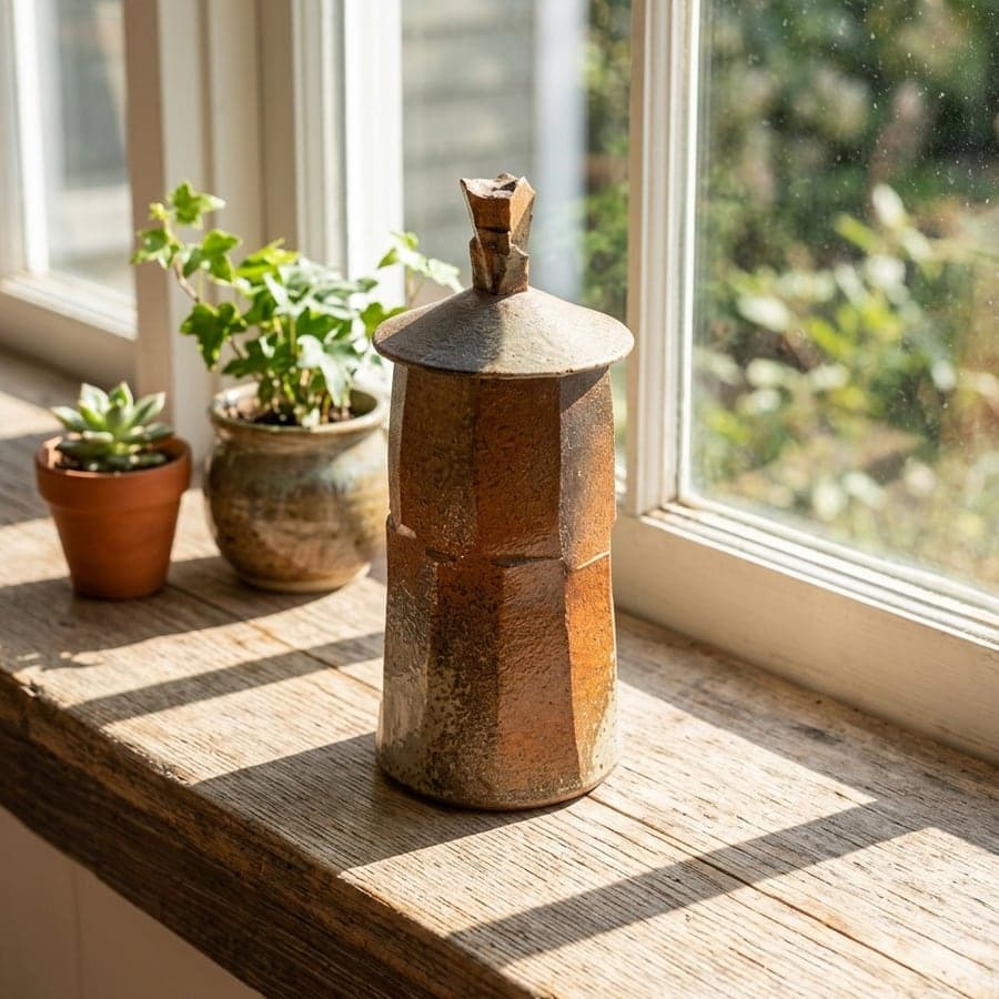 The same ceramic jar on a windowsill in soft daylight