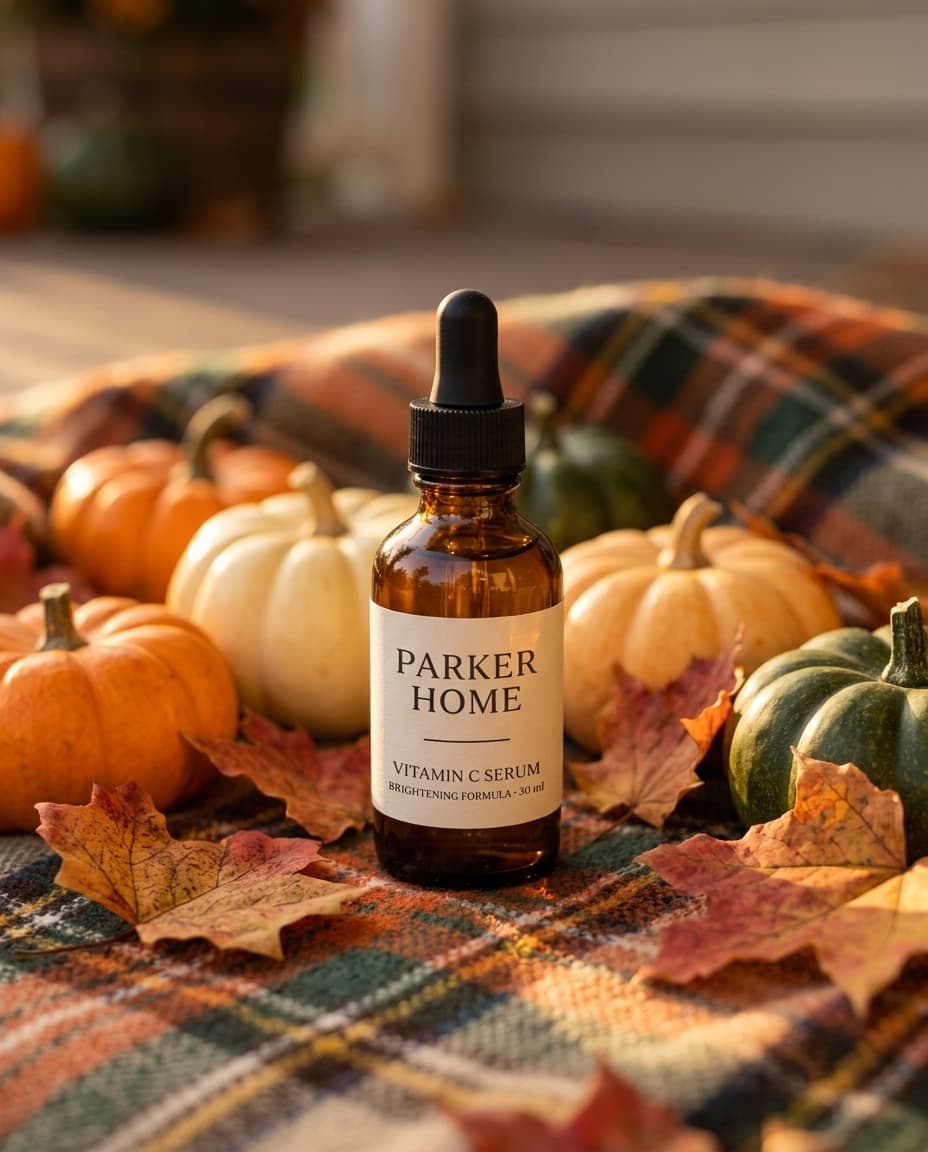 Autumn Harvest: the same serum bottle staged as seasonal campaign without a seasonal shoot