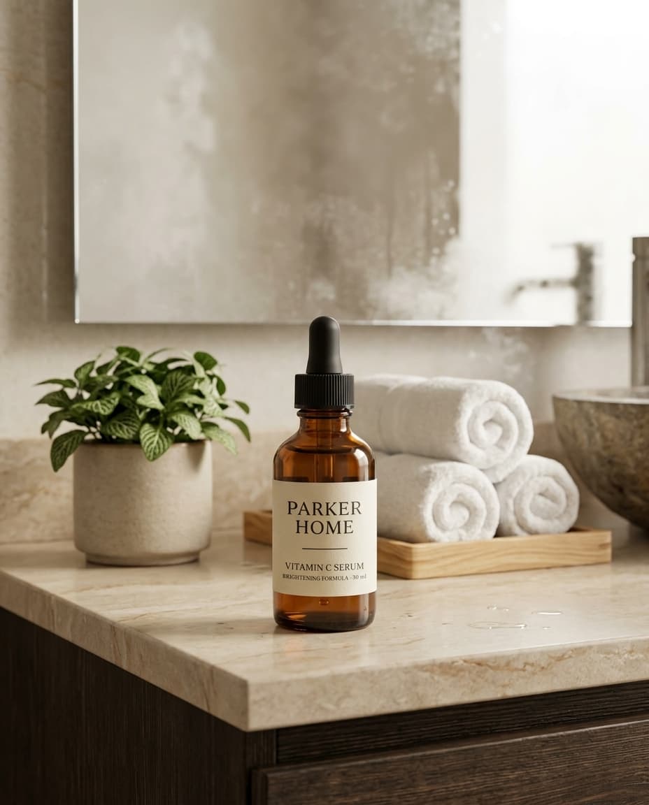 Spa Bathroom: the same serum bottle staged as vanity, rolled towels, a room it belongs in