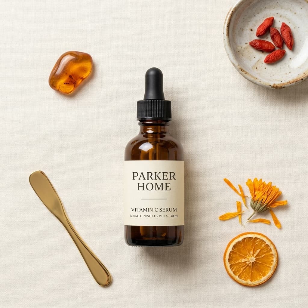Flat Lay: the same serum bottle staged as shot straight down, styled with props