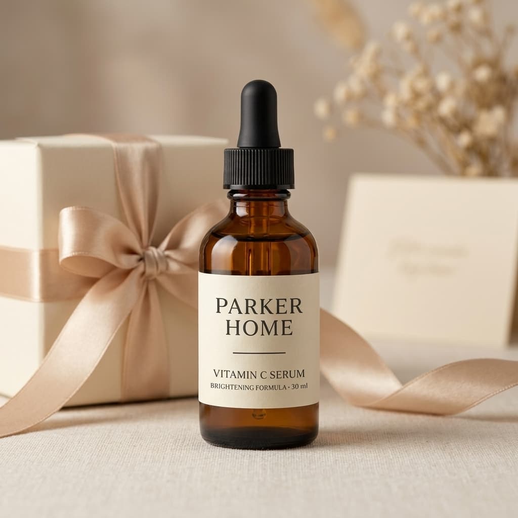Gift Ready: the same serum bottle staged as ribbon and card, ready for the gifting rush