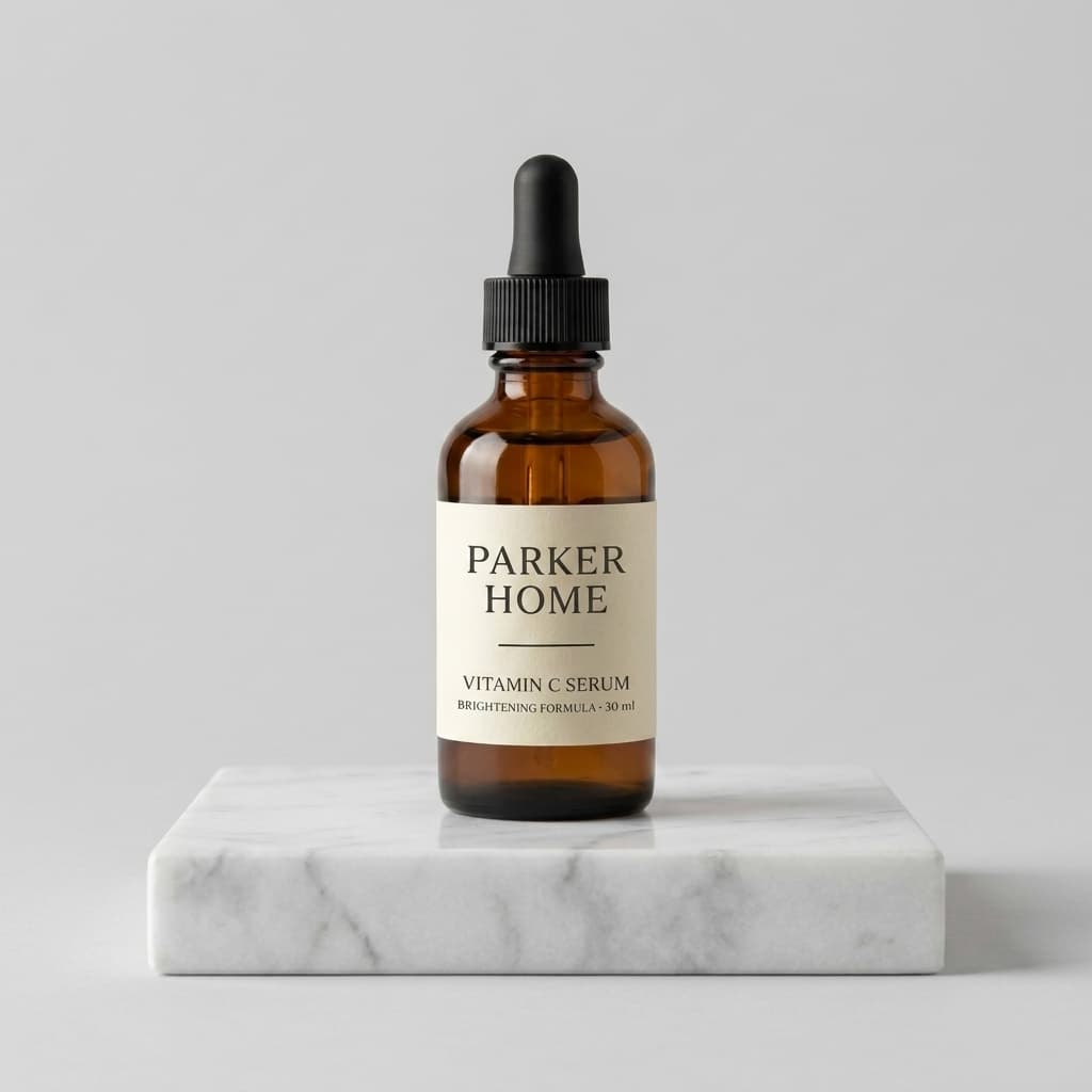 Marble Pedestal: the same serum bottle staged as white marble plinth, gallery lighting