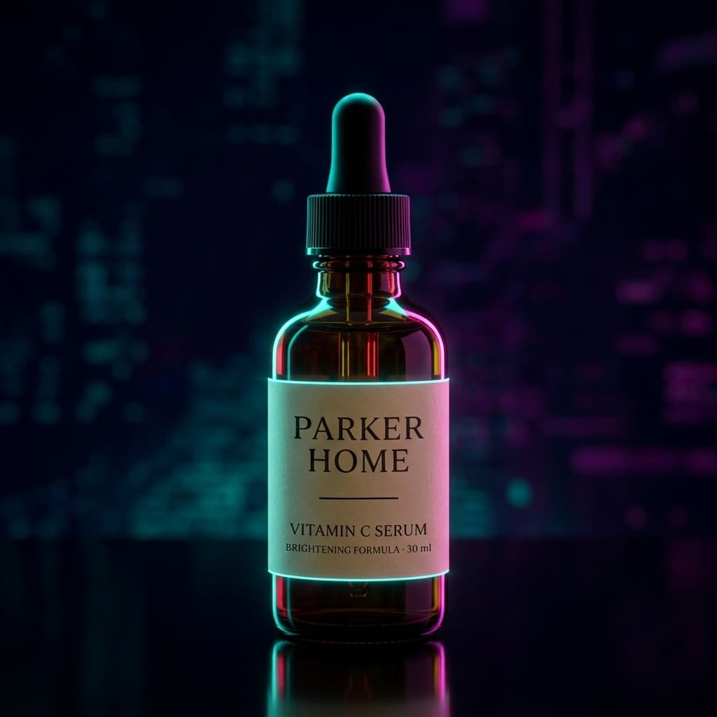 Neon Glow: the same serum bottle staged as dark set, colored rim light, made for a dark feed