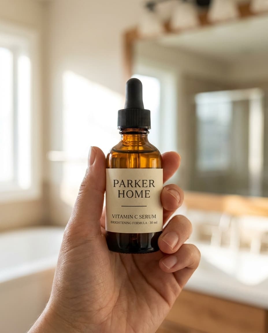 In Hand — Pro scene: the same serum bottle staged as a real hand for instant scale
