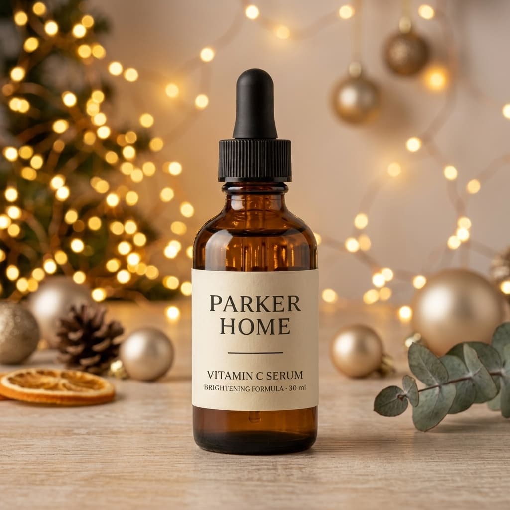 The serum bottle staged with seasonal holiday props