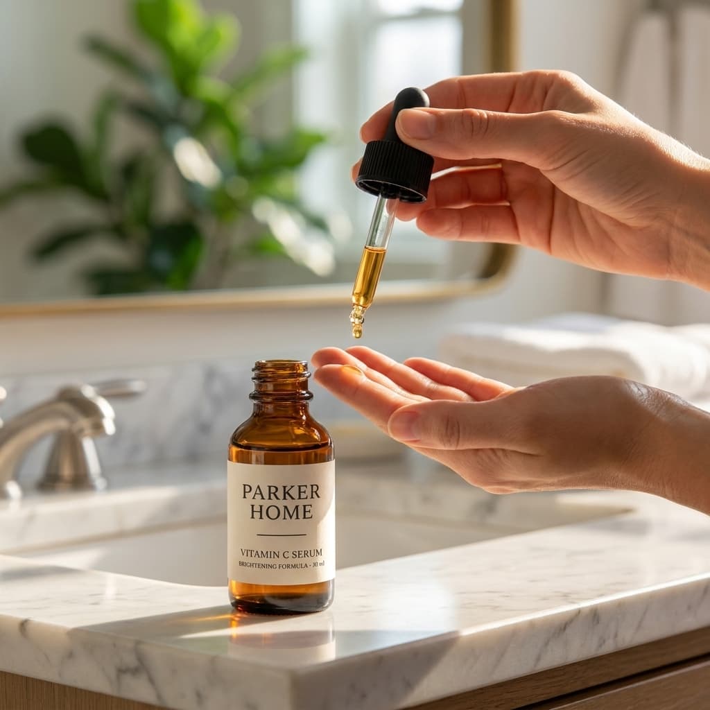 Hands dispensing the serum from its dropper onto a palm at a bathroom counter