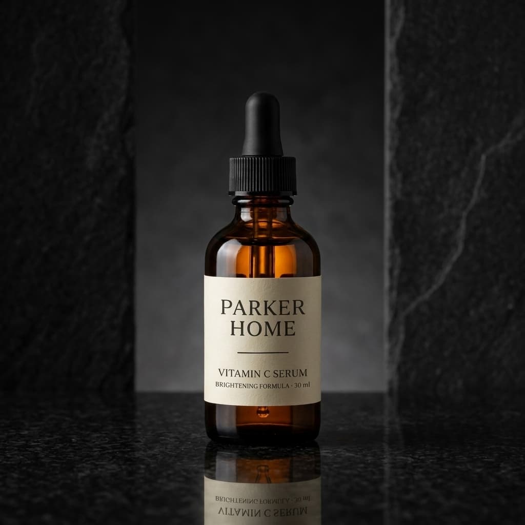 A vitamin C serum bottle staged on a dark reflective surface under directional light