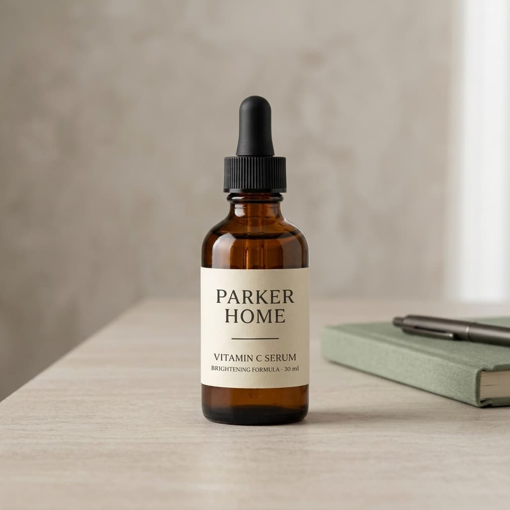 The serum bottle styled on a minimal desk surface