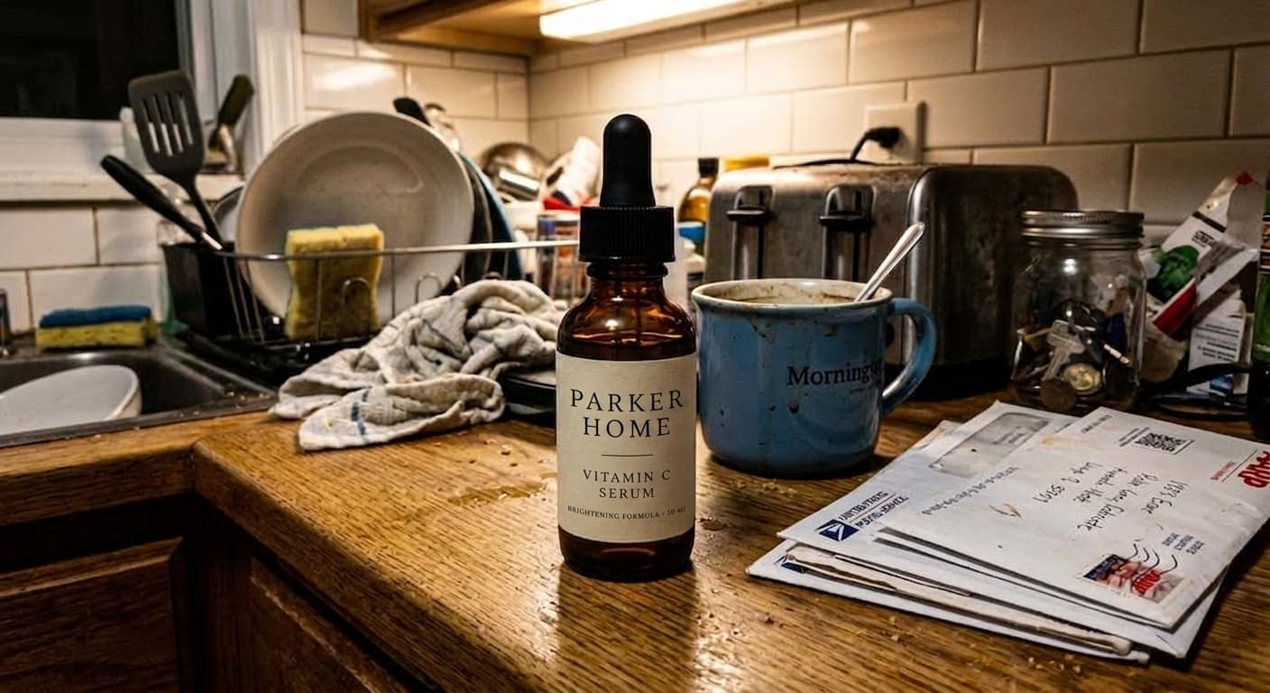 A vitamin C serum bottle on a cluttered kitchen counter beside a dish rack, a coffee mug, a toaster and a pile of mail
